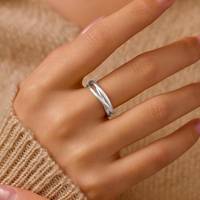 14K Gold Plated Interlocking Fidget Anxiety Ring 925 Sterling Silver Stackble Rings for Women Men Rolling Triple Spinner Ring Minimalist Trendy Knuckle Rings Jewelry Birthday Graduation Gifts
