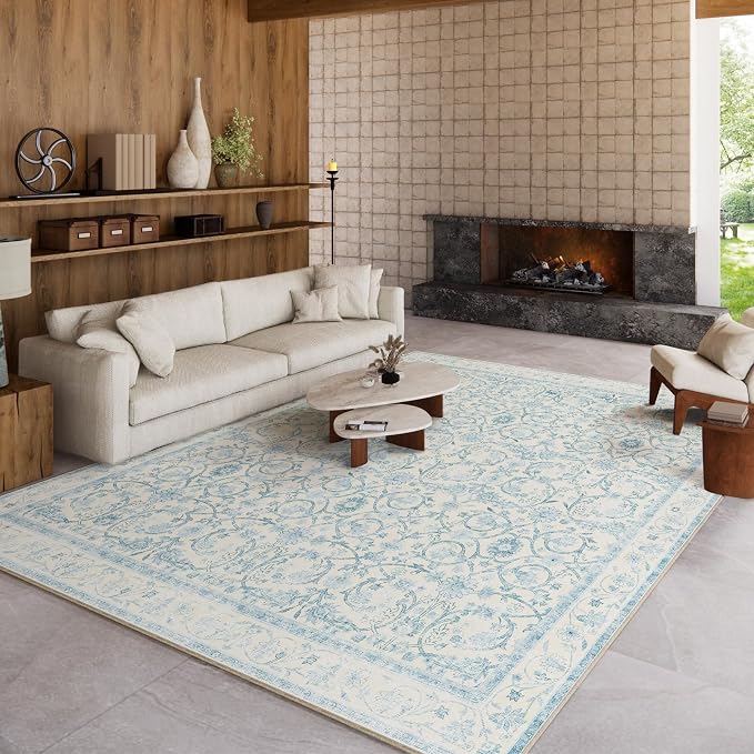 Washable Rugs for Living Room: 8x10 Area Rugs for Bedroom Ultra Soft Non-Slip Low Pile Vintage Boho Large Carpet for High-Traffic Dining Room - Farmhouse Decor