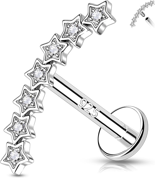 Melighting 925 Sterling Sliver Star Cartilage Earring Internally Threaded Flat Back Earring 16G 8 mm Curved Helix Piercing Jewelry Helix Stud for Women