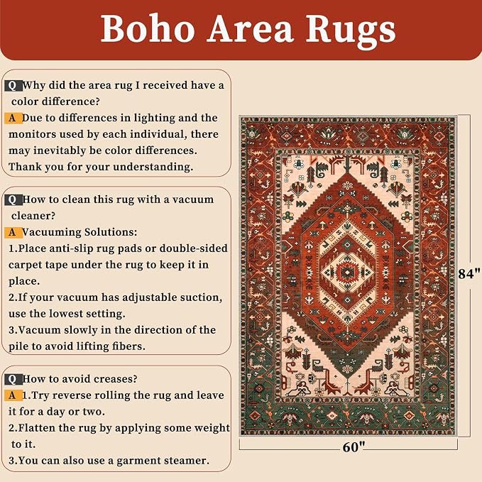 SERISSA 5x7 Boho Area Rug, Washable Non-Slip Rugs for Living Room, Large Terracotta Green Rug Ultra Soft Vintage Oriental Print Distressed Carpet for Bedroom Dining Room Dorm Office Home Decor