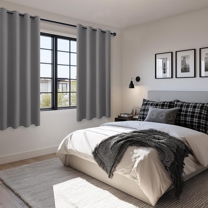 Hiasan Blackout Curtains for Bedroom, 52 x 63 Inches Length - Thermal Insulated & Light Blocking Window Curtains for Living Room, 2 Drape Panels Sewn with Tiebacks, Light Grey