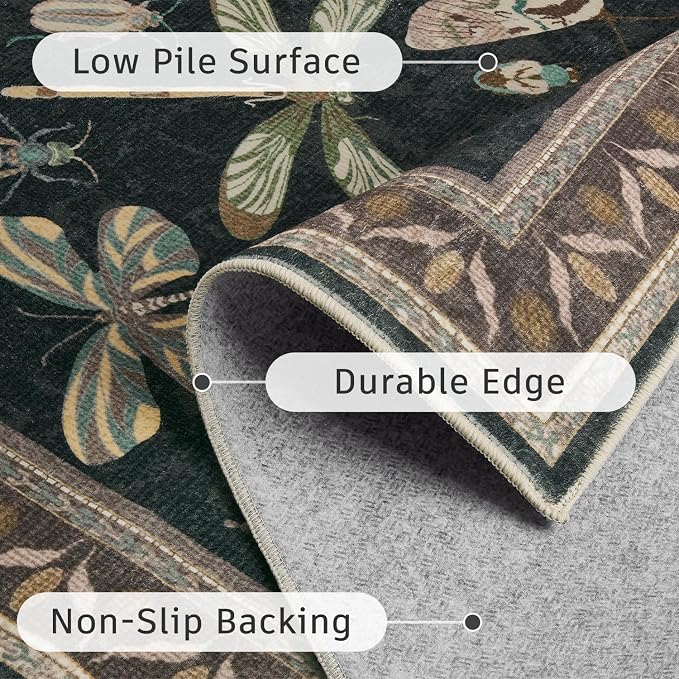 DCX 4x6 Washable Insect Rug, Vintage Gothic Black Rug with Non-Slip Rubber Backing, Soft Low-Pile, Stain-Resistant, Kid & Pet Friendly, for Living Room, Bedroom, Office, and Nature-Themed Decor