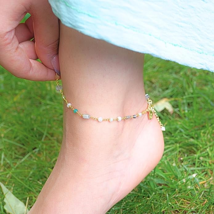 Dainty Gemstone Anklet for Women – 10 Inch Adjustable Anklet with 1 Inch Extender, Gold or Silver Plated Foot Jewelry, Minimalist Boho Style Gift