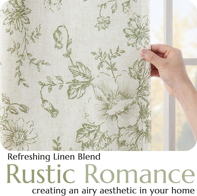 jinchan Green Floral Linen Blackout Curtains 96 Inch Back Tab 2 Panels | Blackout lining, room darkening drapes, farmhouse, vintage, cottagecore, rustic, bedroom, living room, window treatment