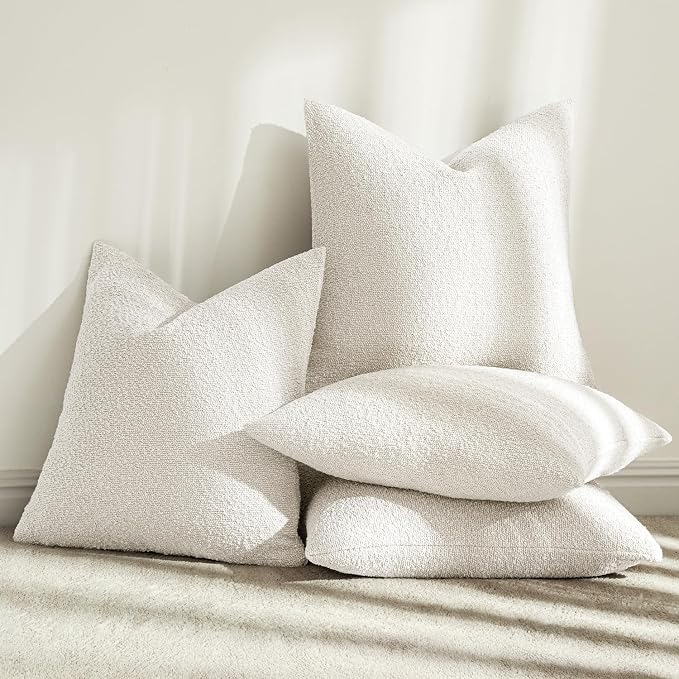 MIULEE Decorative Boucle Throw Pillow Covers 20x20 Inch White Set of 4 | Textured Accent Pillow Cases Soft Couch Cushion Covers for Modern Farmhouse Boho Sofa Bed Livingroom Home Decor