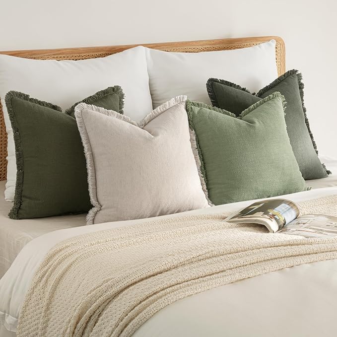 MIULEE Fall Linen Fringe Pillow Covers Set of 4 18x18 Beige/Sage Green | Boho Farmhouse Decorative Throw Pillow Covers, Neutral Soft Rustic Cushion Cases, for Couch Sofa Bed Living Room Home Decor