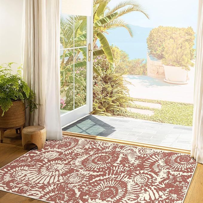 BLISSA Washable 3x5 Entryway Rug - Ultra Thin Terracotta Modern Non-Slip Small Door Mat Indoor Entrance Soft Geometric Boho Neutral Abstract Area Rugs for Bedroom Bathroom Dorm Kitchen Mudroom Foyer