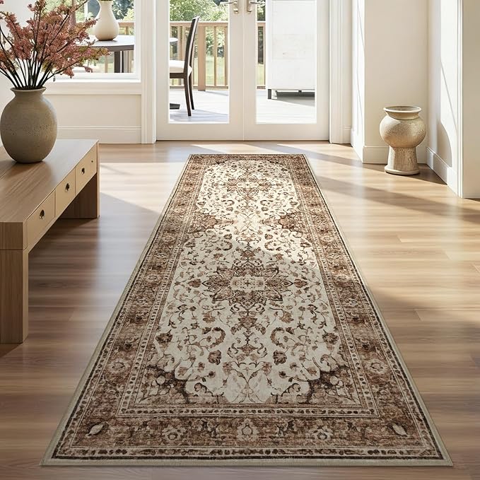 Joydeco Washable 2x6 Hallway Runner Vintage, Beige & Blue & Reddish-Brown | Water Resistant Low Pile Non Slip Backing for Kitchen Entryway Bedroom Bathroom Dining Room