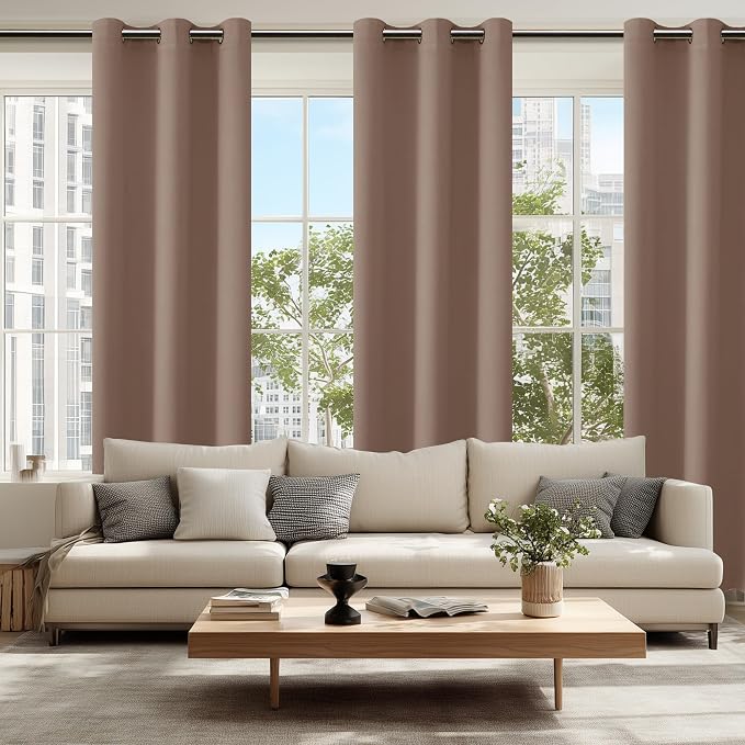 Hiasan Blackout Curtains for Bedroom, 42 x 84 Inches Long - Thermal Insulated & Light Blocking Window Curtains for Living Room, 2 Drape Panels Sewn with Tiebacks, Cappuccino