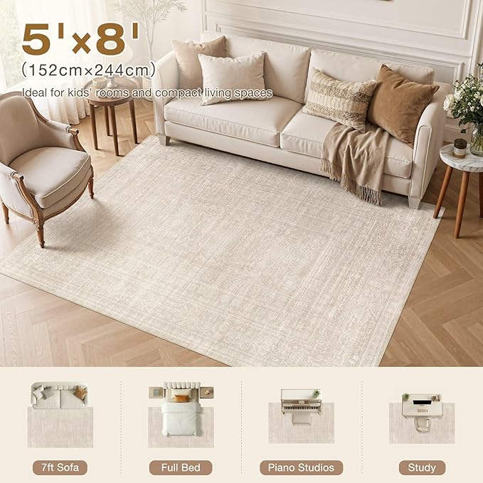 Nakagishi 5X8 Area Rugs Living Room: Washable Large Vintage Rug Neutral Non-Slip Soft Stain Resistant Indoor Carpet for Bedroom Nursery Dining Room Office Playroom - Beige