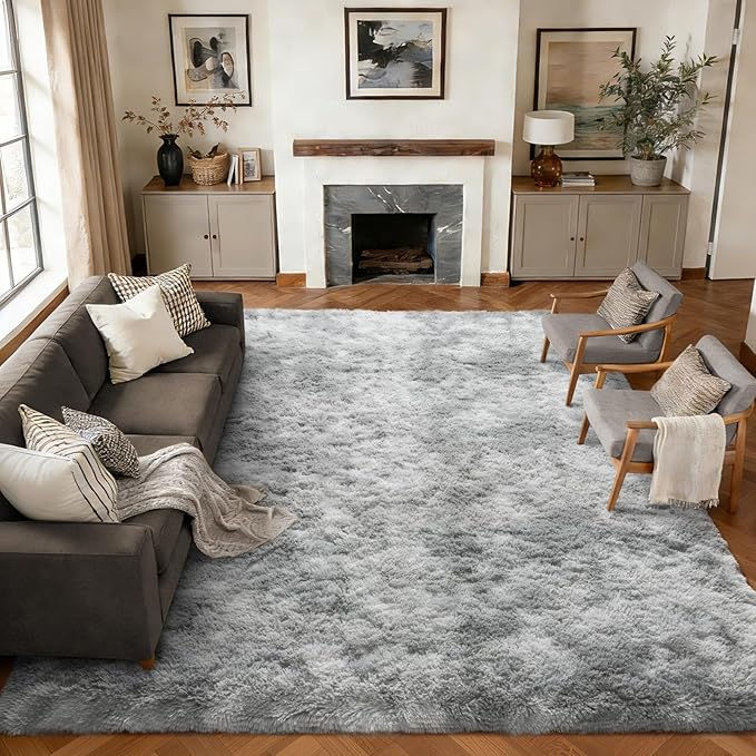9x12 Extra Large Area Rugs for Living Room, Shaggy Non-Slip Tie-Dyed Rugs for Bedroom Kids Playroom Dorm Room, High Pile Ultra Soft Carpet, Grey