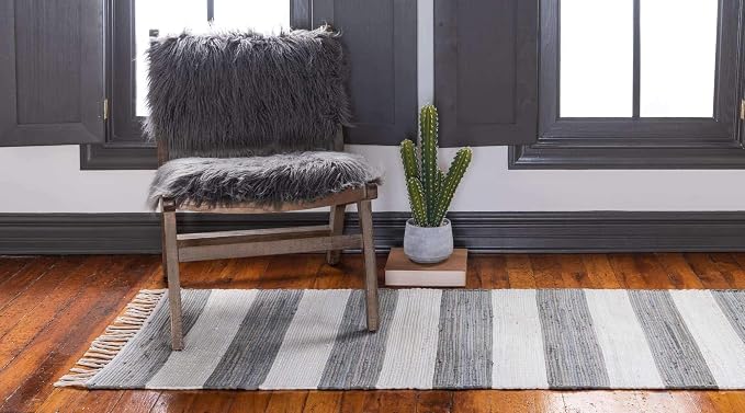 Unique Loom Chindi Rag Collection Area Rug - Striped (2' 2" x 8' Runner, Gray/ Ivory)