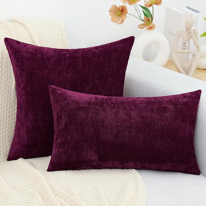 decorUhome Soft Chenille Burgundy Throw Pillow Covers 22X22 Set of 2 | Decorative Fall Couch Pillow Covers Solid Dyed Accent Modern Euro Sham Farmhouse Neutral Square Pillow Cases for Sofa