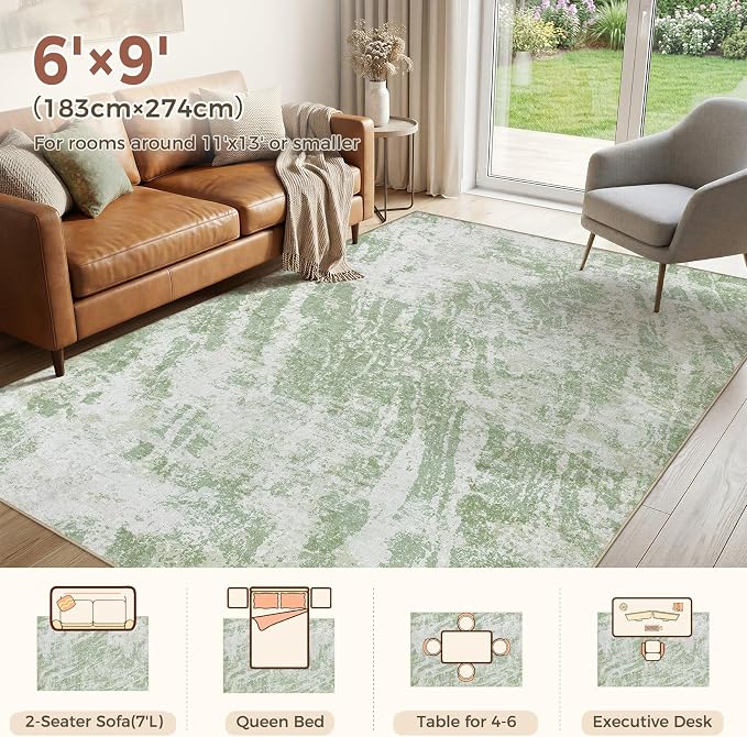 DMOYEST 6x9 Washable Area Rug: Abstract Modern Non-Slip Carpet, Soft Low Pile Indoor Neutral Easy Clean Floor Rugs for Living Room Bedroom Dining Room Kids & Pets - Green