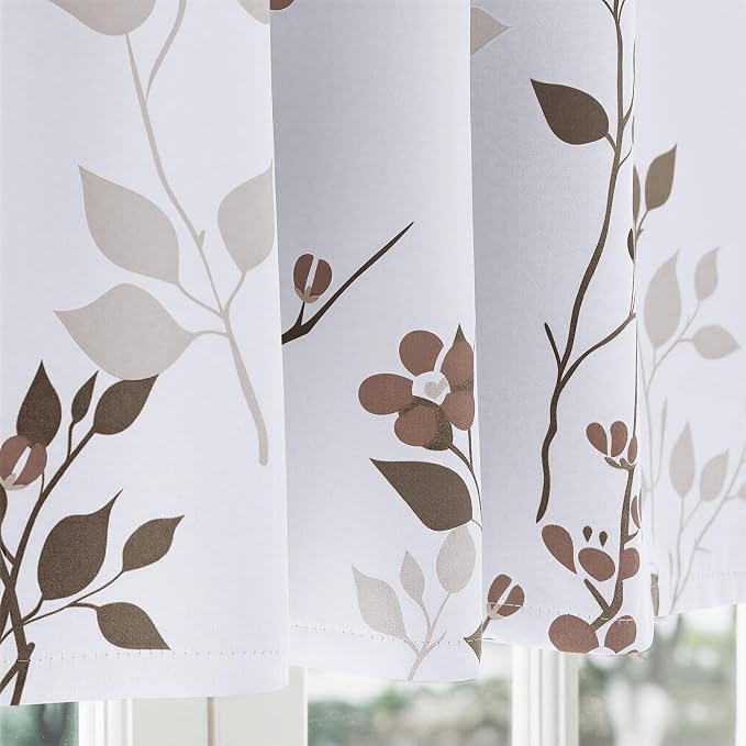 Beauoop Floral Valance Curtains for Kitchen Tan Brown 52X18 Inch 1 Panel | Flower Patterned Brown White Blackout Short Curtains for Living Room Bedroom Cafe Thermal Small Window Curtains Rod Pocket