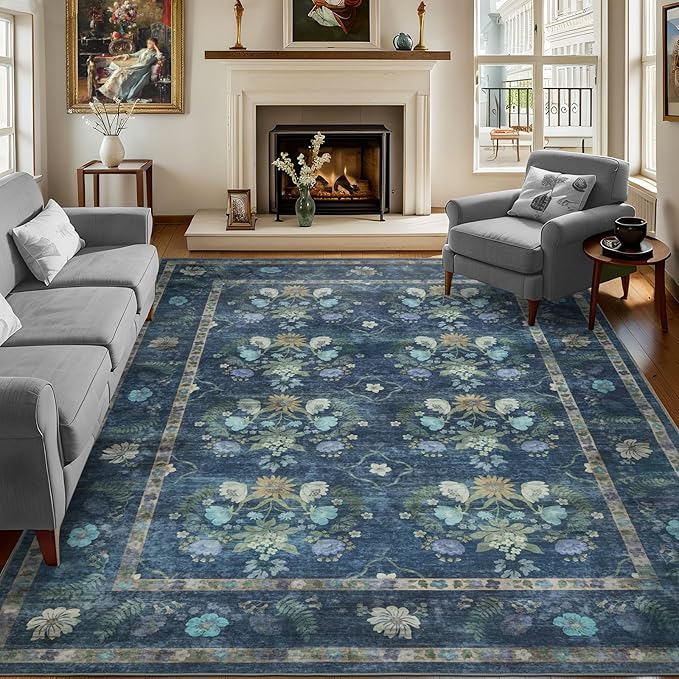 8x10 Floral Washable Area Rug, Blue Floral | Living Room,Low Pile Non Slip Girls Carpet Non-Shedding Soft Indoor Stain Resistant Vintage Kids Mat for Bedroom Dining Room
