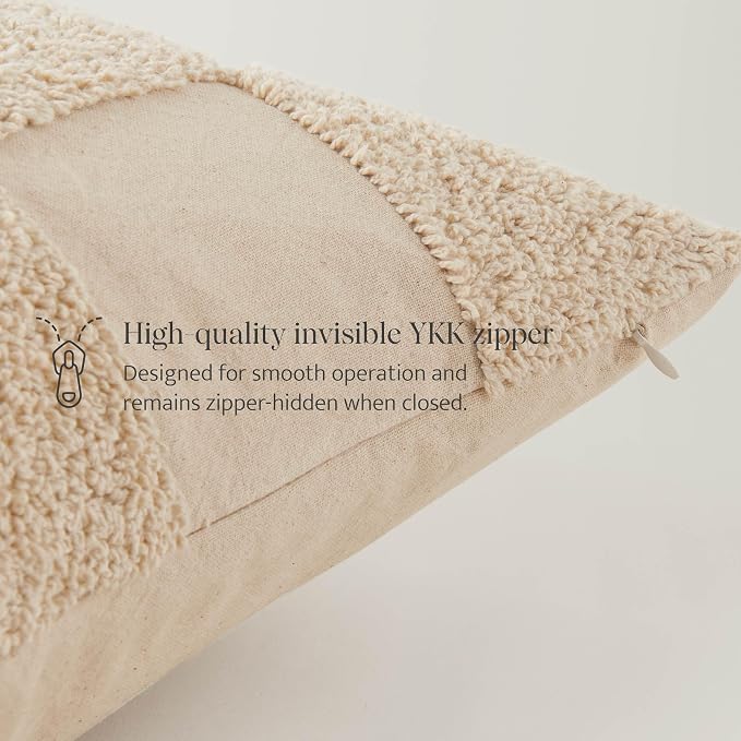 Double Stitch 100% Cotton Throw Pillow Covers - Checkered Tufted Boho Decorative Pillow Covers 18x18, Made in India, Square Cushion Case, Modern Home Decor for Couch, Sofa, Living Room, Oat