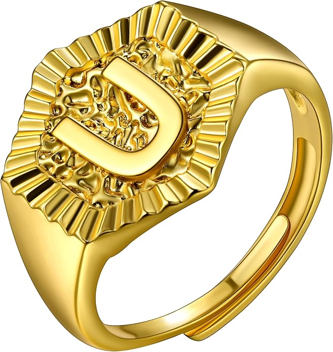 U7 Initial Ring Wedding Band for Men Women 18K Gold Plated Statement Hexagon A-Z Letter Jewelry Personalized Stackable Signet Rings