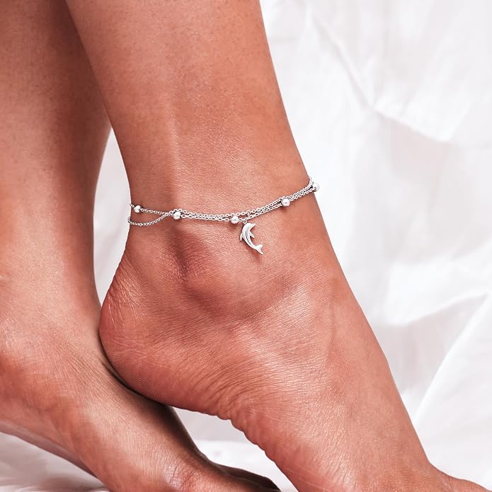 CHIC & ARTSY 925 Sterling Silver Ankle Bracelets for Women, Adjustable Layered Foot Chains with Nature & Symbol Charms, Lightweight Comfort Fit Boho Beach Everyday Jewelry