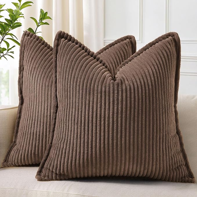 decorUhome Fall Corduroy Dark Brown Throw Pillow Covers 16x16 Set of 2 | Couch Decorative Soft Modern Boho Farmhouse Pillow Covers Broadside Striped Pillow Cases for Living Room Bed Sofa