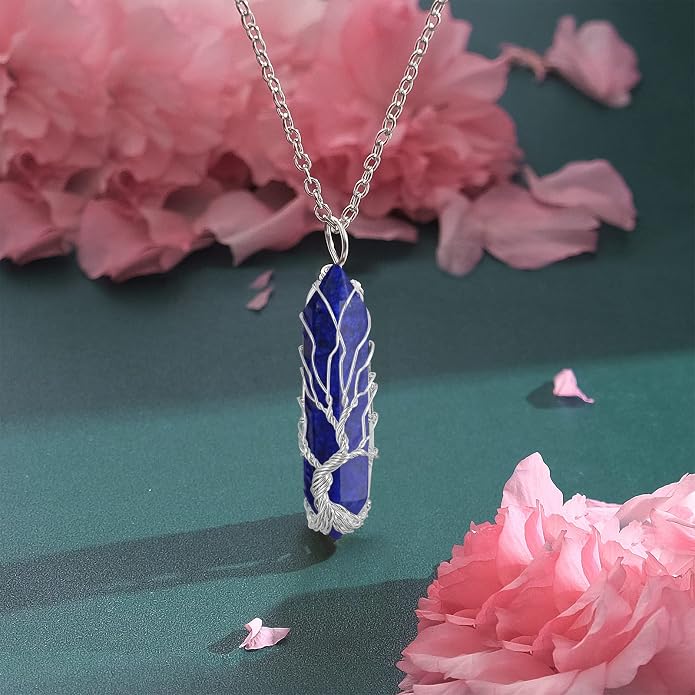 VIBILIA Healing Crystal Necklace Tree of Life Wire Wrapped Natural Stone Point Pendant Necklace Hexagonal Reiki Spiritual Quartz Gemstone Jewelry for Women Men