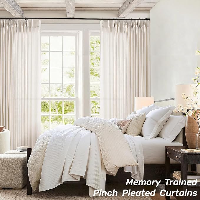 Pinch Pleat Linen Sheer Curtains 90 Inches Long 100 Inch Wide Cream | Ivory, Light Filtering, Pleated Drapes, for Living Dining Room Patio Sliding Door, Extra Wide, 100 x 90 Curtain, Back Tab