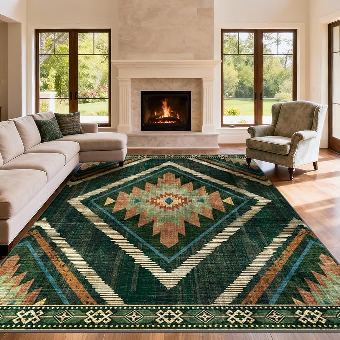 Boho Washable Area Rugs 6x9ft, Large Living Room Area Rug Non Slip, Green Moroccan Bedroom Carpets, Non Shedding Thin Soft Floor Carpet for Dining Room Nursery Home Office
