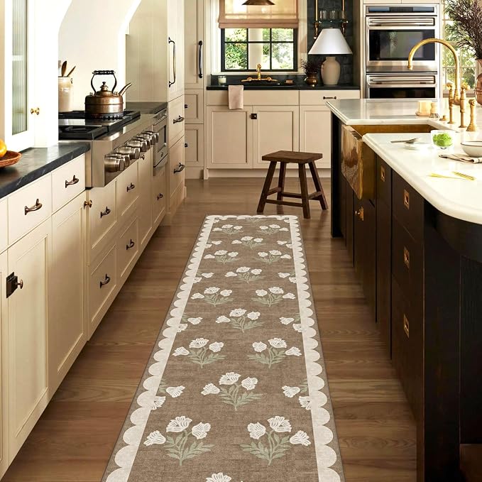 Non Slip Washable Hallway Runner Rug - 2x12 Extra Long Tan Kitchen Runner Rug Soft Boho Runners for Hallways Vintage Floral Scalloped Area Rug for Bedroom Entryway Foyer Stair Runner Decor