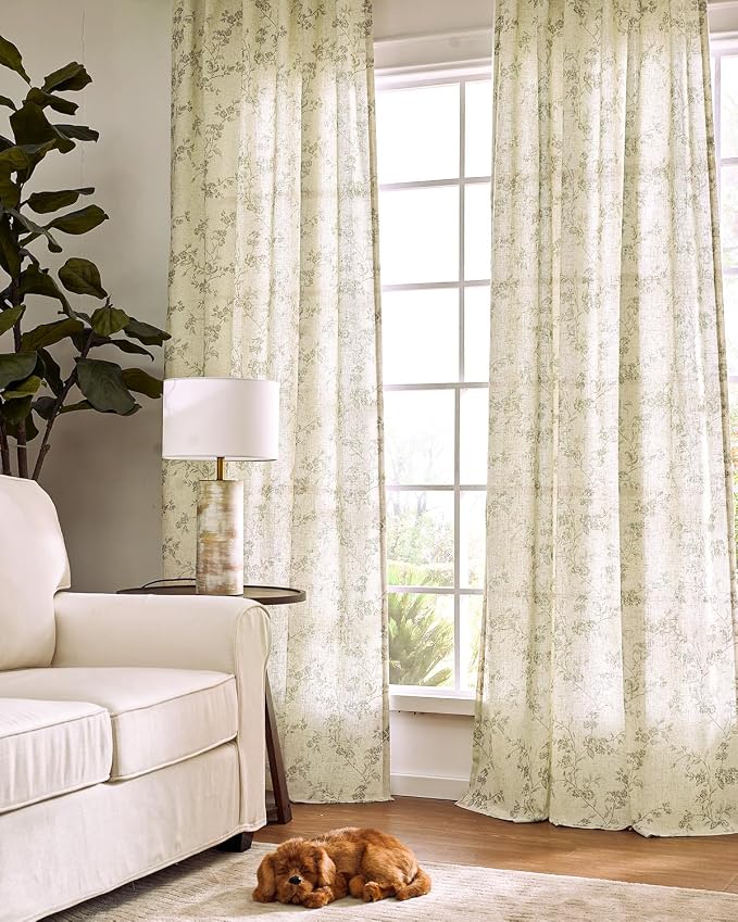 jinchan Green Floral Linen Curtains 96 Inch Farmhouse Back Tab 2 Panels | Flower patterned drapes, french country, light filtering, semi sheer, printed, privacy, bedroom, living room, home decor