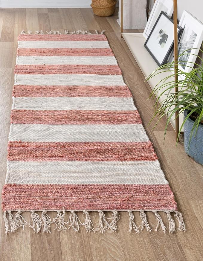 Unique Loom Chindi Rag Collection Area Rug - Striped (2' 2" x 8' Runner, Coral and Ivory)