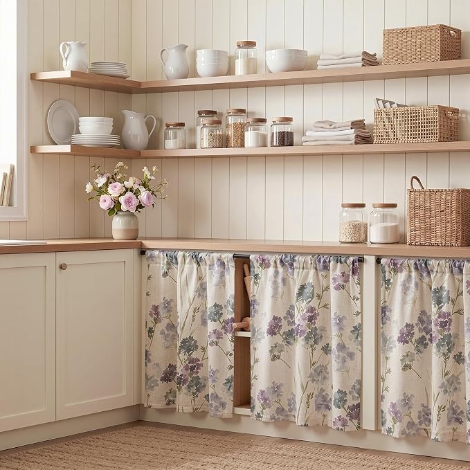 MYSKY HOME Floral Linen Tier Curtains Over Sink 30 Inch Long Set of 2 Light Filtering Privacy Half Window Curtains with Rod Pocket for Kitchen, Cabinet, Basement, Camper, Purple, 30" W Each Panel