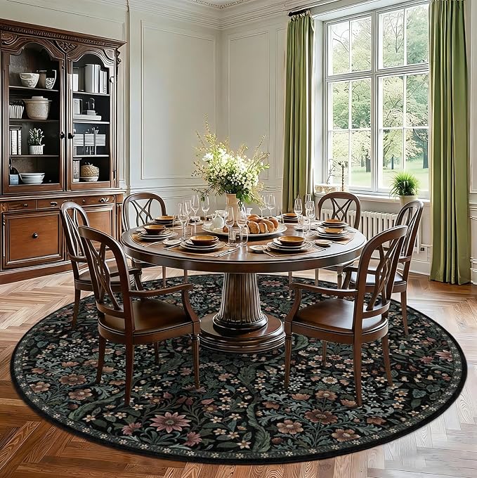 Round Rug 8ft Black Washable Floral Circle Rug,Vintage Boho Botanical Round Area Rugs, Non-Slip Soft Low-Pile Circular Carpet for Bedroom,Kids Room,College Dorm,Home Decor