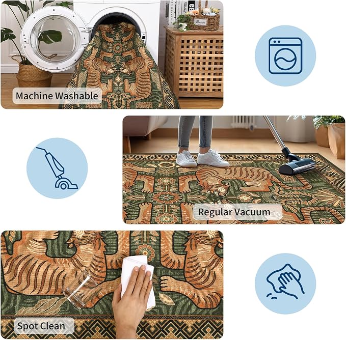 GarveeHome Tibetan Tiger 8x10 Washable Area Rugs for Living Room, Boho Tribal Green Soft Animal Print Throw Rug Vintage Non Slip Ultra Thin Stain Resistant Floor Carpet for Office Bedroom