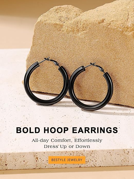 Bestyle 5mm Thick Gold Hoop Earrings Hypoallergenic Hoops for Sensitive Ears Trendy Lightweight Chunky Earrings for Women 30/40/60/80mm