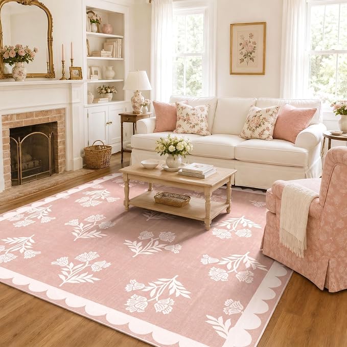 Pink Square Rugs 6ft - Soft Washable Boho Floral Girls Bedroom Rug 6x6 Stain Resistant Scalloped Dining Room Rugs for Under Table Cute Preppy Area Rug for Living Room Nursery Kids Room Carpet