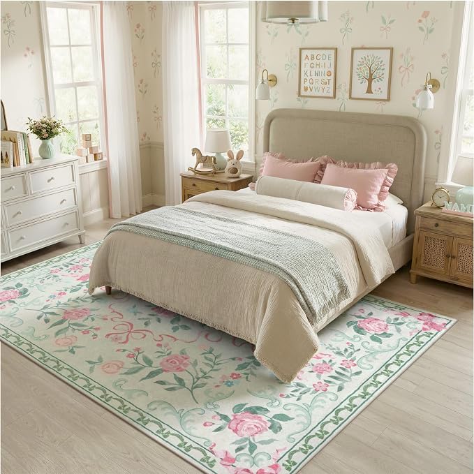 Collive Green Floral Rugs for Girls, 5x7 Washable Bow Area Rug for Living Room, Cute Ultra-Thin Non Slip Indoor Decor Carpet for Nursery Kids Room Bedroom Playroom (Green 5' x 7')