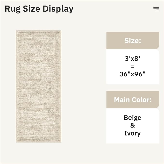 Soalmost Runner Rug 3x8 Washable Non-Slip Hallway Runner Rugs for Kitchen Bathroom Laundry Room Beige Vintage Floor Carpet Runners for Hallways Entryway