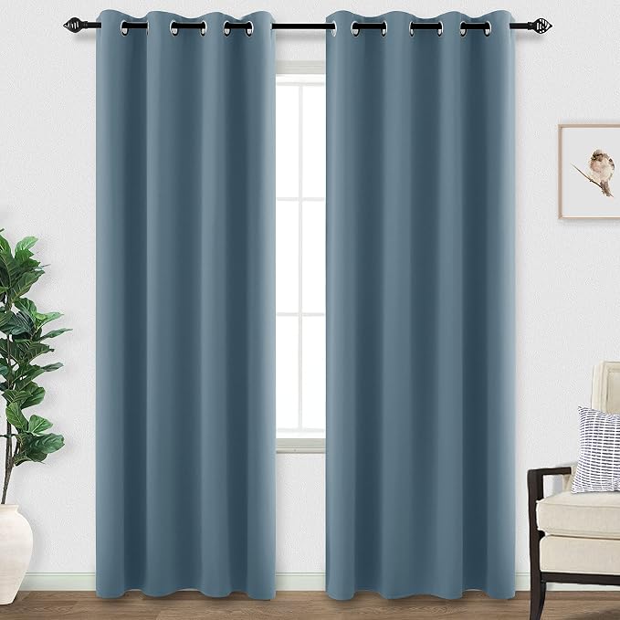 KOUFALL Blue Blackout Curtains 96 Inches Long for Living Room,Grommet Thermal Room Darkening Curtain for Bedroom 96 in Length 2 Panel Set,Dusty Grey Blue