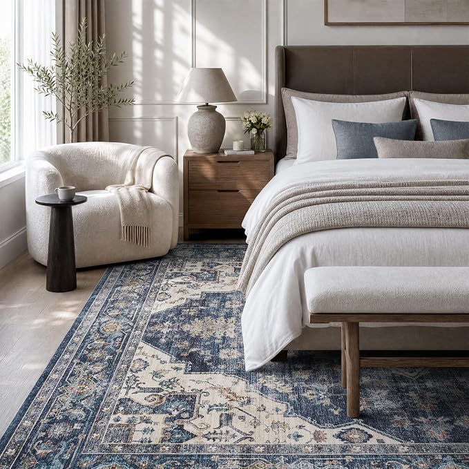 AMOAMI-Area Rug 8X10 Rugs for Living Room-Vintage Soft Blue Rugs for Bedroom-Non Slip Carpet-Washable Rug for Dining Room Living Room Bedroom Office Under Table