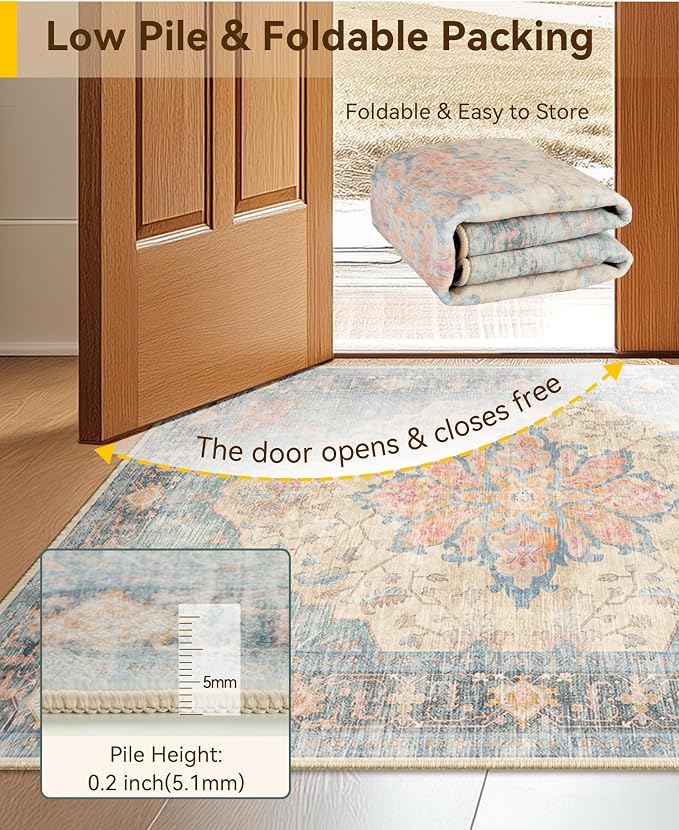 RELEANY Area Rugs Large 9'x12' Washable Non-Slip, Floral Vintage Distress Medallion Carpet for Living Room Bedroom Dining Room, Blue Orange Red