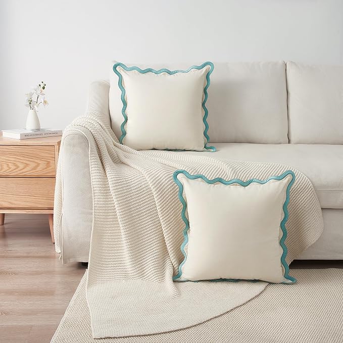 MONDAY MOOSE Decorative Throw Pillow Covers Cushion Cases, Set of 2 Soft Velvet Scalloped Wavy Edge Designs, Mix and Match for Home Decor, Pillow Inserts Not Included (20x20 inch, White/Light Blue)