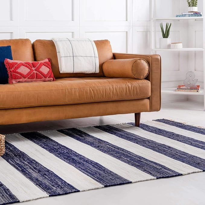 Unique Loom Chindi Rag Collection Area Rug - Striped (12' 2" x 16' 1" Rectangle, Navy Blue/ Ivory)