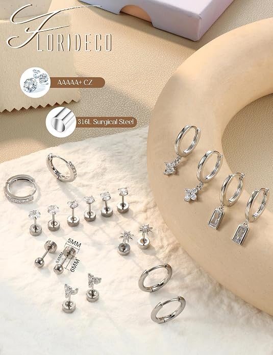 Florideco Hypoallergenic Flat Back Earrings Gold Cartilage Earring Sets for Multiple Piercing Surgical Stainless Steel Earrings for Women Trendy Earring Stacks Small Hoops Flat Back Stud Earrings