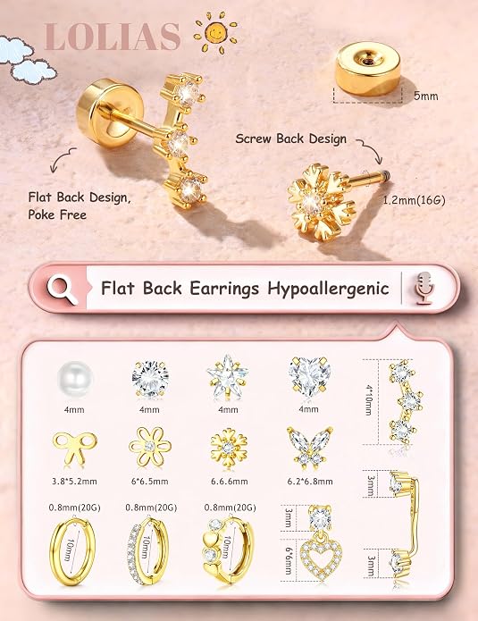 LOLIAS Hypoallergenic Flat Back Earrings for Women Girls-Surgical Stainless Steel Earrings for Sensitive Ears-Cute Flatback Stud Earring Set Small Hoops Cartilage Earring Stacks