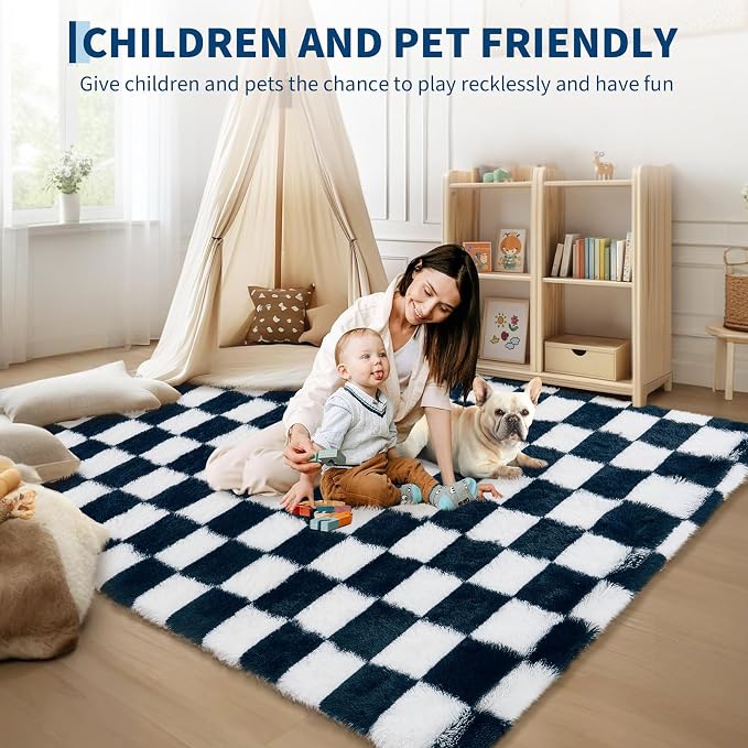 Garvee Checkered Rug 5x8 Super Soft Shaggy Rugs Fluffy Carpets Fluffy Fuzzy Rug for Living Room Bedroom,Checkered Fluffy Rugs for Girls Kids Room, Shag Plush Carpet for Teen Room Decor, Blue-White