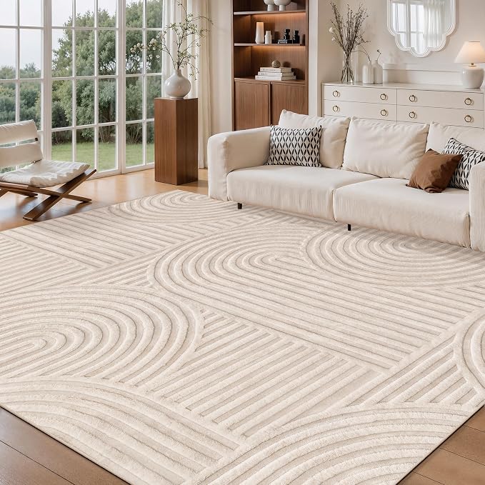 Ciicool 6x9 Large Area Rug for Living Room,Beige Washable High-Low Pile | Modern Textured Soft Fluffy Non Slip Carpet Non Shedding Geometric for Kids Bedside Bedroom Dining Room Office Indoor Decor