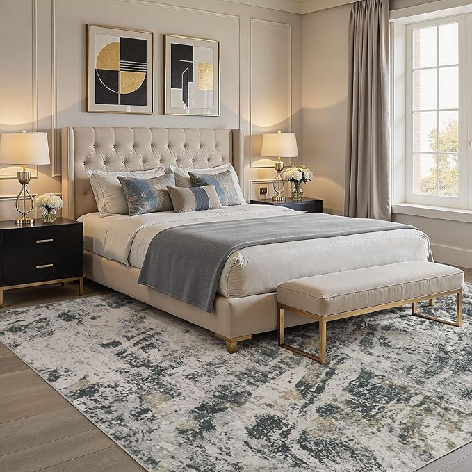 DMOYEST Area Rug Living Room Rugs - 6x9 Large Soft Indoor Neutral Modern Abstract Low Pile Washable Rug Carpet for Bedroom Dining Room Farmhouse Home Office-Black Gold/Grey