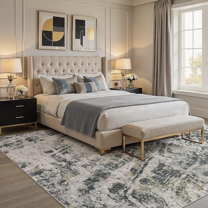 DMOYEST Area Rug Living Room Rugs - 8x10 Large Soft Indoor Neutral Modern Abstract Low Pile Washable Rug Carpet for Bedroom Dining Room Farmhouse Home Office-Black Gold/Grey