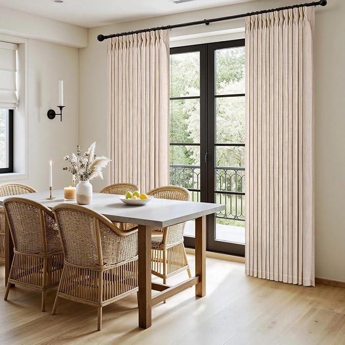 MIULEE Pinch Pleated Thick Linen Curtains 90 Inches Long 2 Panels for Living Room Bedroom, Linen Textured Memory Trained Pleat Drapes Back Tab Light Filtering Sand Beige Window Curtains with Hooks