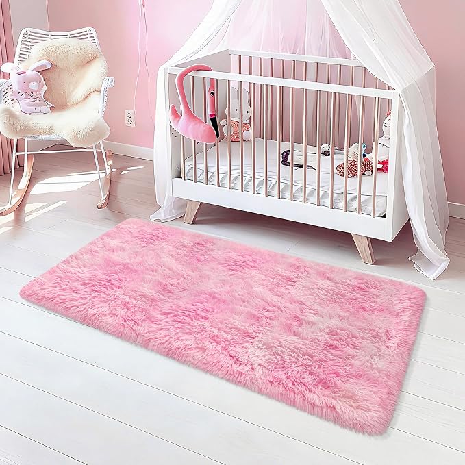 Soft Plush Pink Fluffy Rug 2x5 Ft, Fuzzy Shag Runner Carpet for Girls Bedroom, Bedside, Living Room, Hallway, Kids Room, Nursery, Kawaii Home Decor